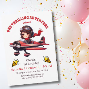 Cute Girl Red Vintage Airplane Kids 1st Birthday Invitation