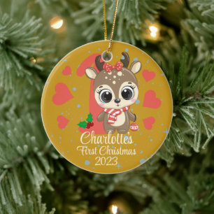 Cute Girl Reindeer Baby’s First Christmas Gold Ceramic Ornament