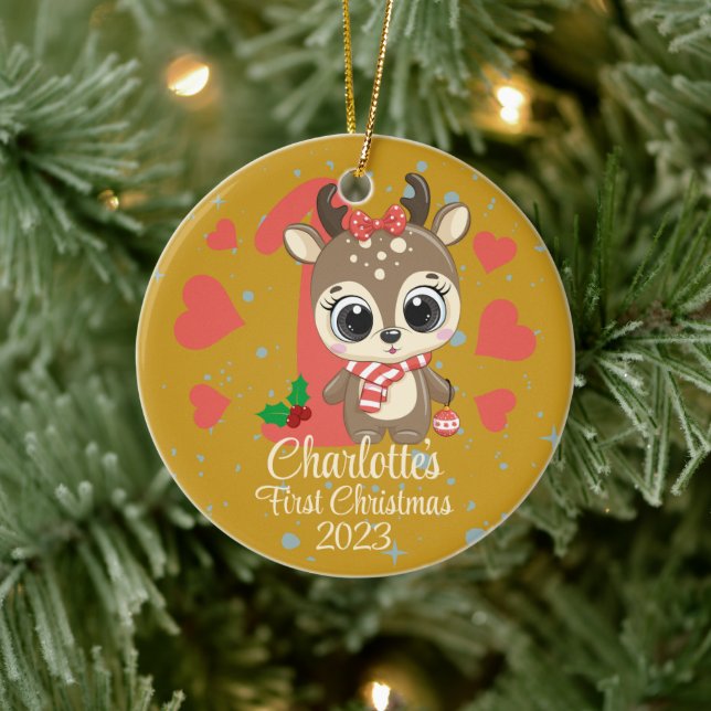 Cute Girl Reindeer Baby’s First Christmas Gold Ceramic Ornament (Tree)