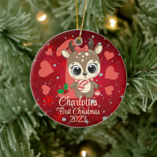 Cute Girl Reindeer Baby’s First Christmas Red Ceramic Ornament