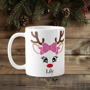 Cute Girl Reindeer Pink Bow Christmas Mug