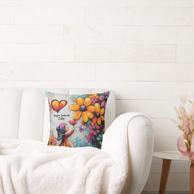 Cute Girl Retro Floral Inspirational Throw Pillow (Couch)
