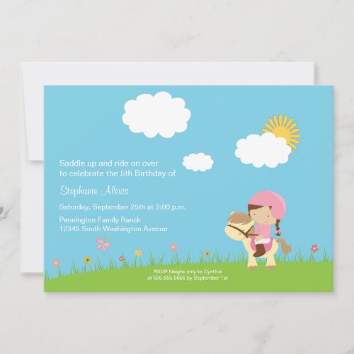 Cute girl riding a horse birthday party invitation