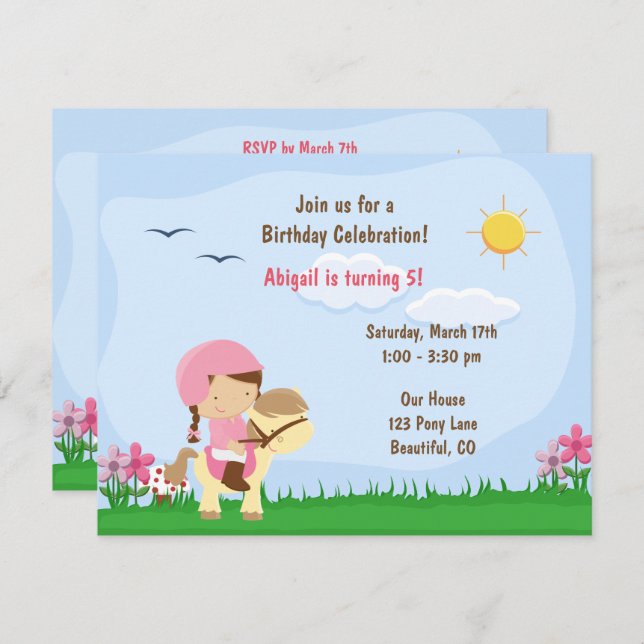 Cute Girl Riding a Pony ~ Horse Birthday Invitation (Front/Back)