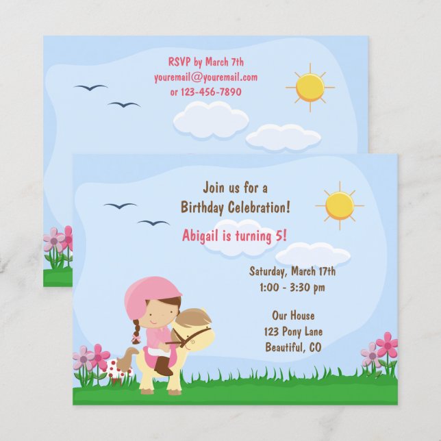 Cute Girl Riding a Pony ~ Horse Birthday Invitation (Front/Back)