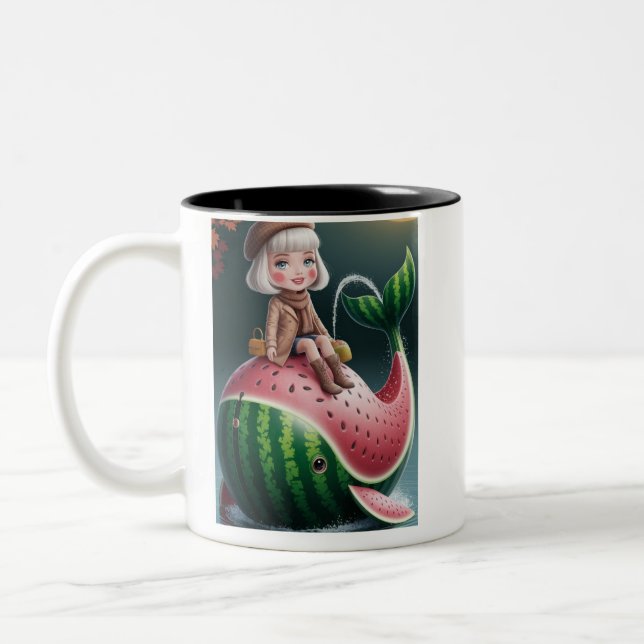 Cute Girl Riding a Watermelon Whale Two-Tone Coffee Mug (Left)
