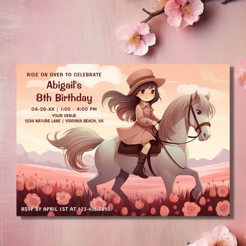 Cute Girl Riding Horse and Pink Flowers Birthday Invitation