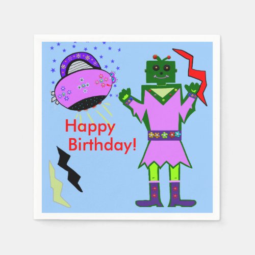 Cute Girl Robot Pink Spaceship Birthday Napkins