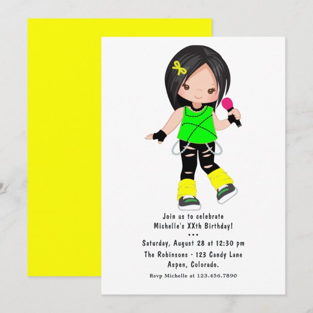 Cute Girl Rock Star Birthday Party Invitation (Front/Back)