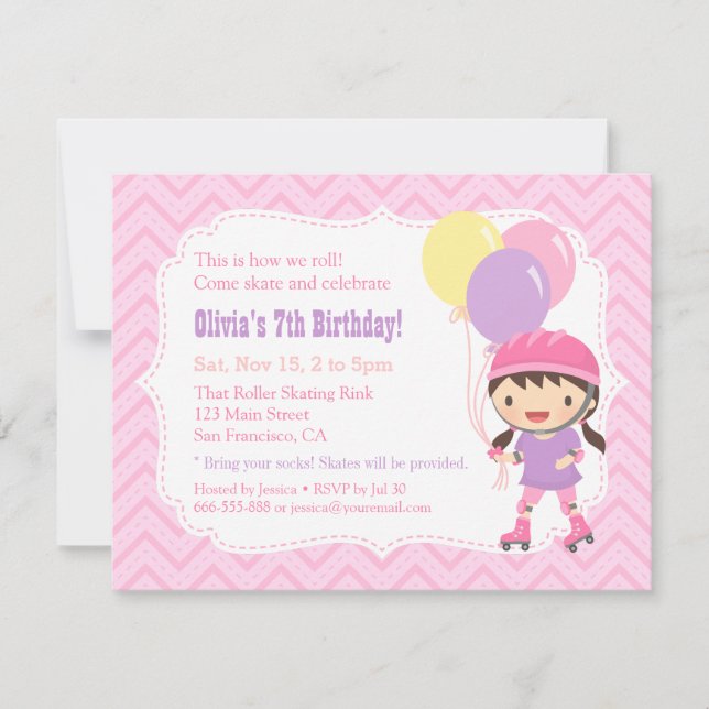 Cute Girl Roller Skating Birthday Party Invitation (Front)