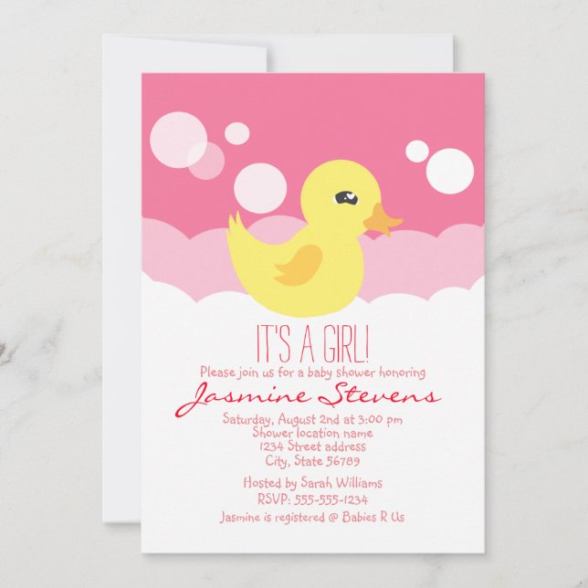 Cute Girl Rubber Ducky Baby Shower Invitation (Front)