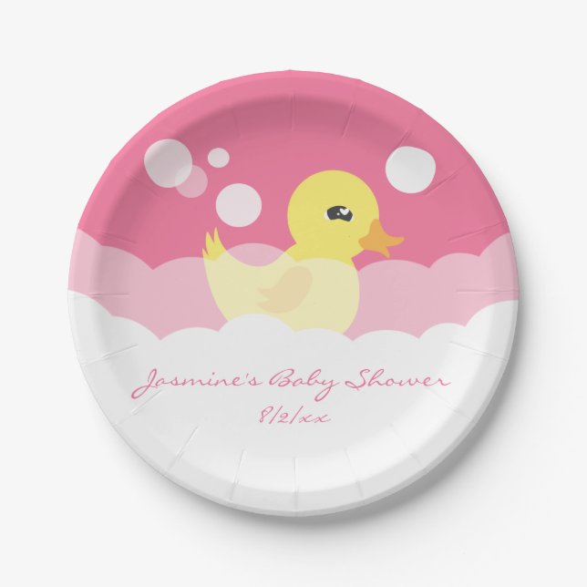 Cute Girl Rubber Ducky Baby Shower Paper Plates (Front)