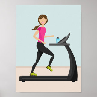 Cute Girl Running On A Treadmill Illustration Poster