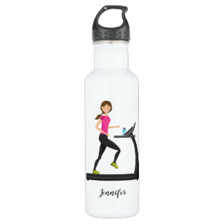 Cute Girl Running On A Treadmill &amp; Name Stainless Steel Water Bottle