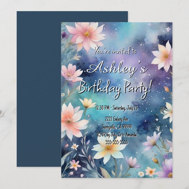 Cute Girl’s Space & Flower Themed Birthday Party  Invitation (Front/Back)