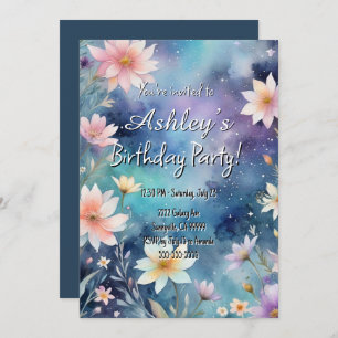 Cute Girl’s Space & Flower Themed Birthday Party Invitation