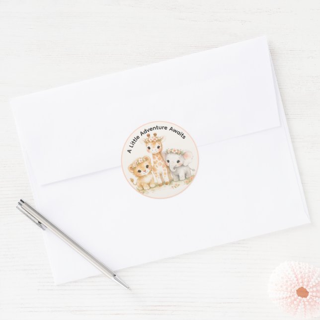 Cute Girl Safari Animals Lion Giraffe Elephant Classic Round Sticker (Envelope)