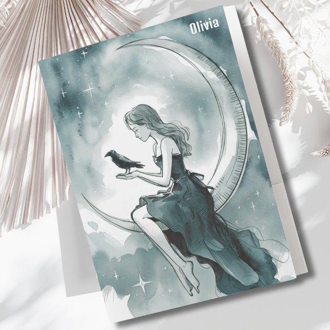 Cute Girl Sitting on Moon & Crow,Gothic, Celestial Pocket Folder (Creator Uploaded)