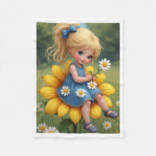 Cute Girl Sitting on Sunflower Fleece Baby Blanket