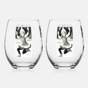 Cute Girl Skating Drinkware Set Stemless Wine Glass