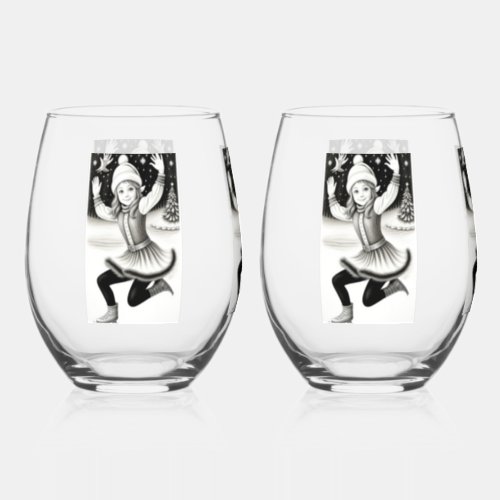 Cute Girl Skating  Drinkware Set Stemless Wine Glass
