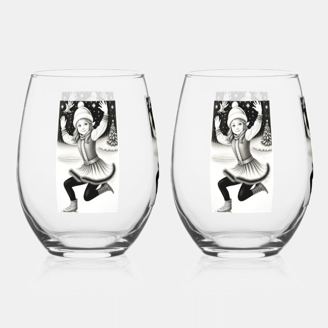 Cute Girl Skating  Drinkware Set Stemless Wine Glass (Front)
