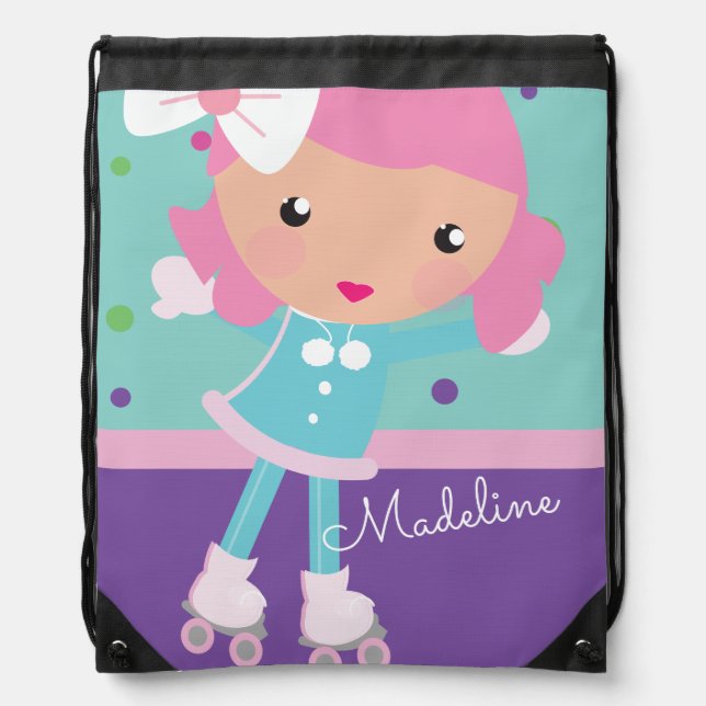 Cute Girl Skating Monogrammed Script Drawstring Bag (Front)