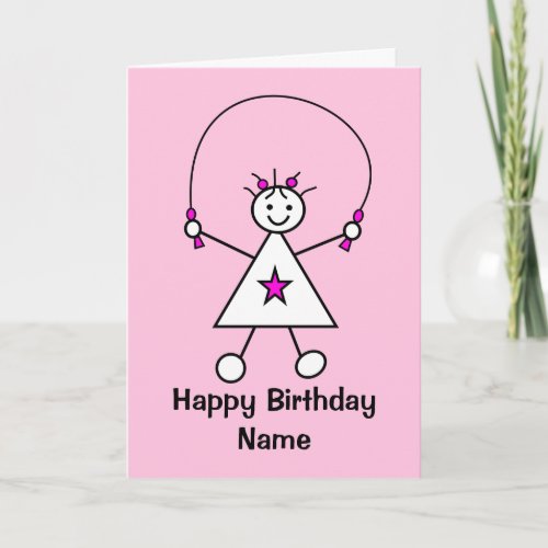 Cute Girl Skipping Rope Jumping Pink Birthday Card