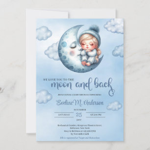 Cute girl sleeping over the moon blue baby shower invitation