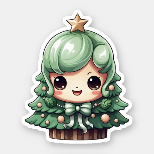 Cute Girl Smiling Green Kawaii Christmas Tree Sticker