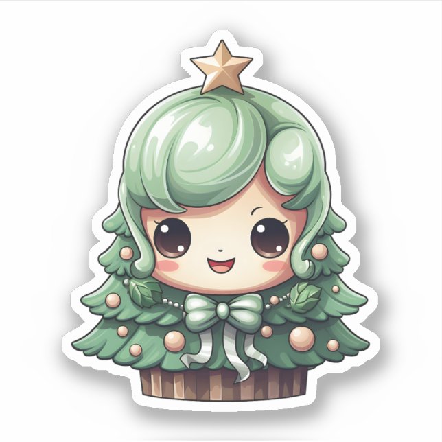 Cute Girl Smiling Green Kawaii Christmas Tree Sticker (Front)