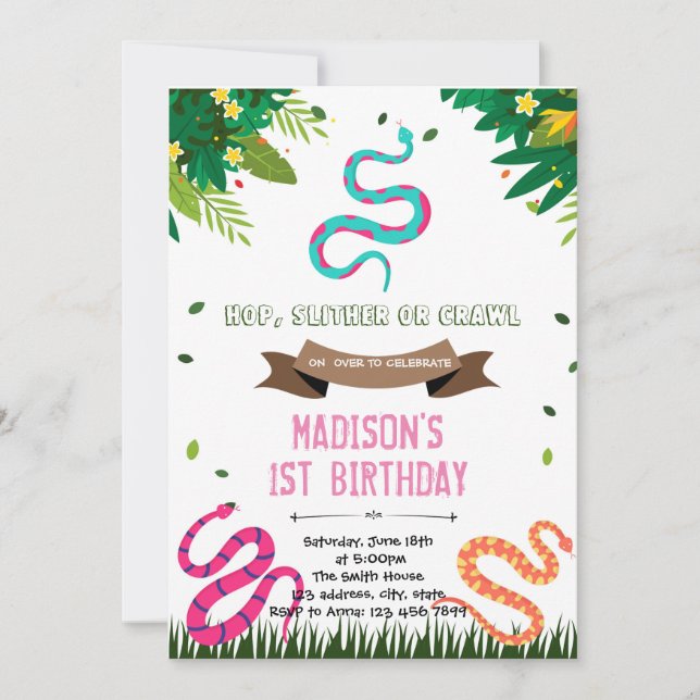Cute girl snake birthday reptile invitation (Front)