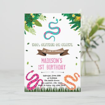 Cute girl snake birthday reptile invitation | Zazzle