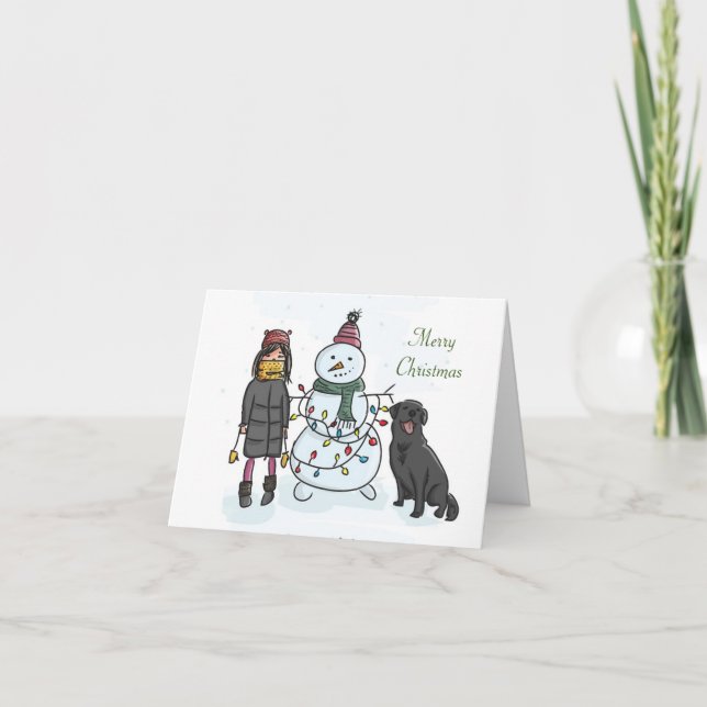 Cute Girl, Snowman & Dog Christmas Card (Front)