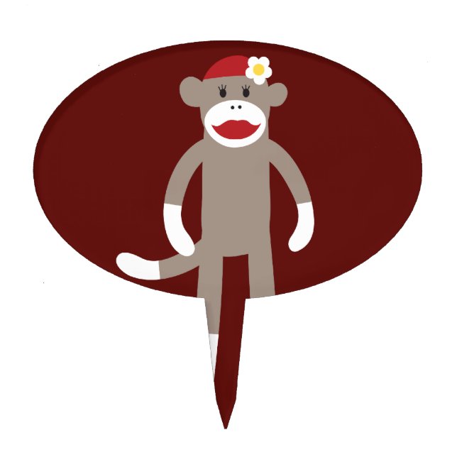 Cute Girl Sock Monkey on Red Cake Topper (Front)