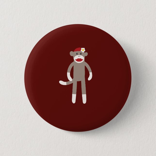 Cute Girl Sock Monkey on Red Pinback Button (Front)