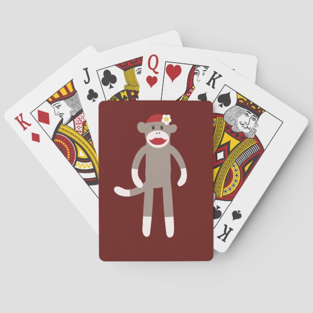 Cute Girl Sock Monkey on Red Poker Cards (Back)