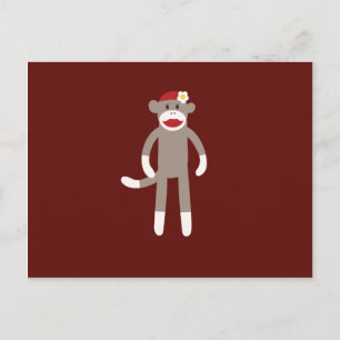 Cute Girl Sock Monkey on Red Postcard