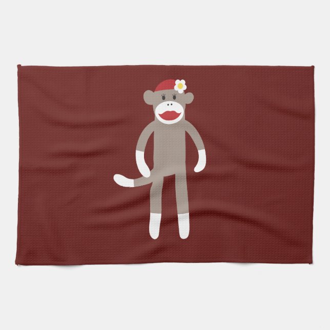 Cute Girl Sock Monkey on Red Towel (Horizontal)