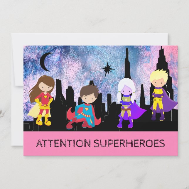 *~* Cute Girl SUPERHEROS Kids Birthday Party Invitation (Front)