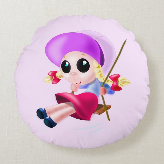 Cute Girl Swinging Round Pillow (Front)