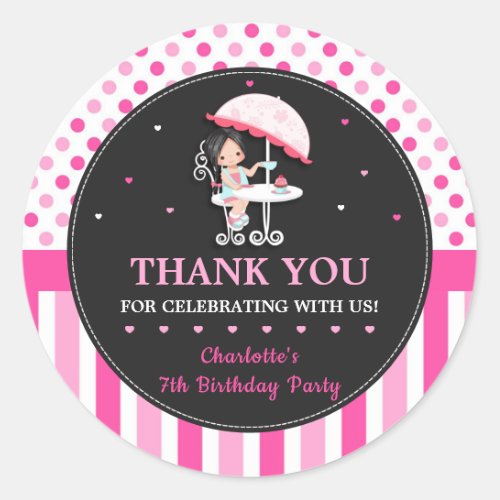 Cute Girl Tea Party Birthday Pink Thank You Favor Classic Round Sticker