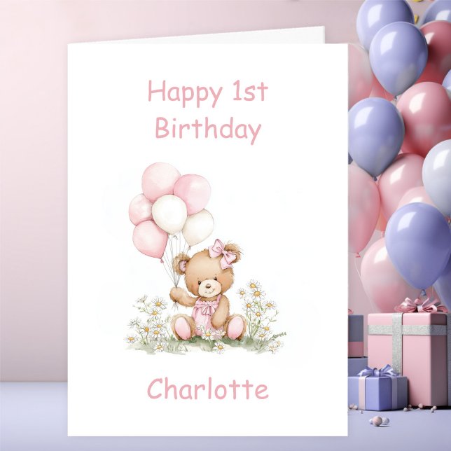 Cute Girl Teddy Bear 1st Birthday Card (Creator Uploaded)