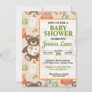 Cute Girl Teddy Bear Baby Shower Invitation