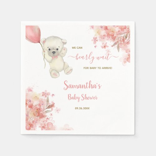 Cute Girl Teddy Bear Baby Shower Watercolor Pink Napkins