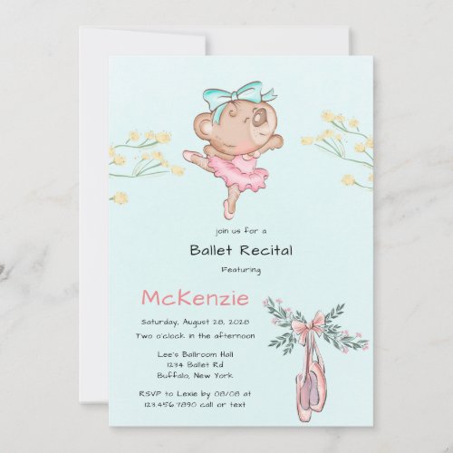 Cute Girl Teddy Bear Ballet Recital Invitation