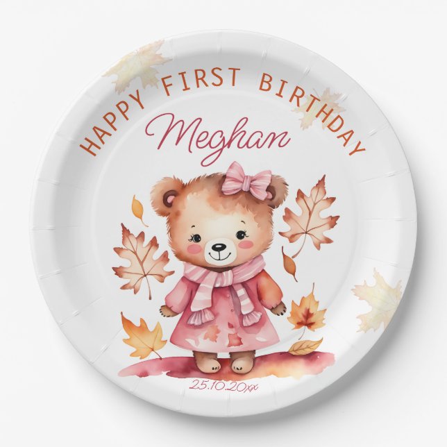Cute girl teddy bear birthday party tableware  paper plates (Front)