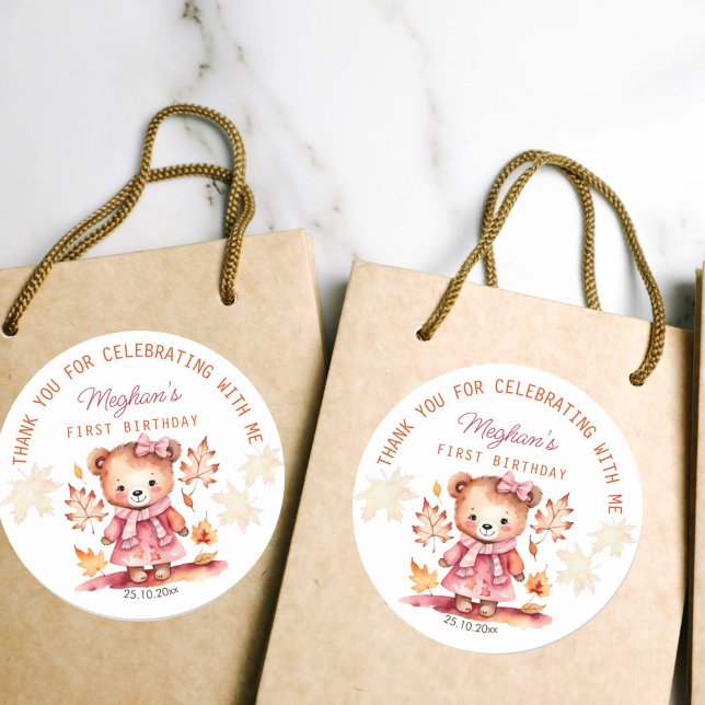 Cute girl teddy bear fall birthday thank you favor classic round sticker (Cute teddy bear in a jacket birthday party favor  thank you sticker girls birthday pink fall theme)