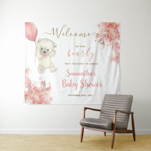 Cute Girl Teddy Bear Pink Baby Shower Welcome Sign Tapestry