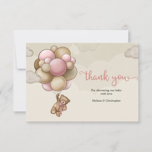 Cute girl teddy bear pink brown beige balloons thank you card